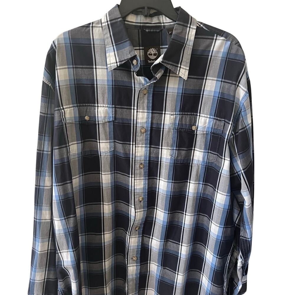Timberland Men's Button Down Blue Plaid Shirt Size XL Cotton Button Up Granola